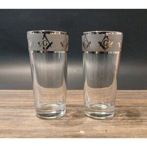 Masonic G Fraternity High Ball Bourbon Bar Glass Lot of 2 Clear Silver Tone Vtg
